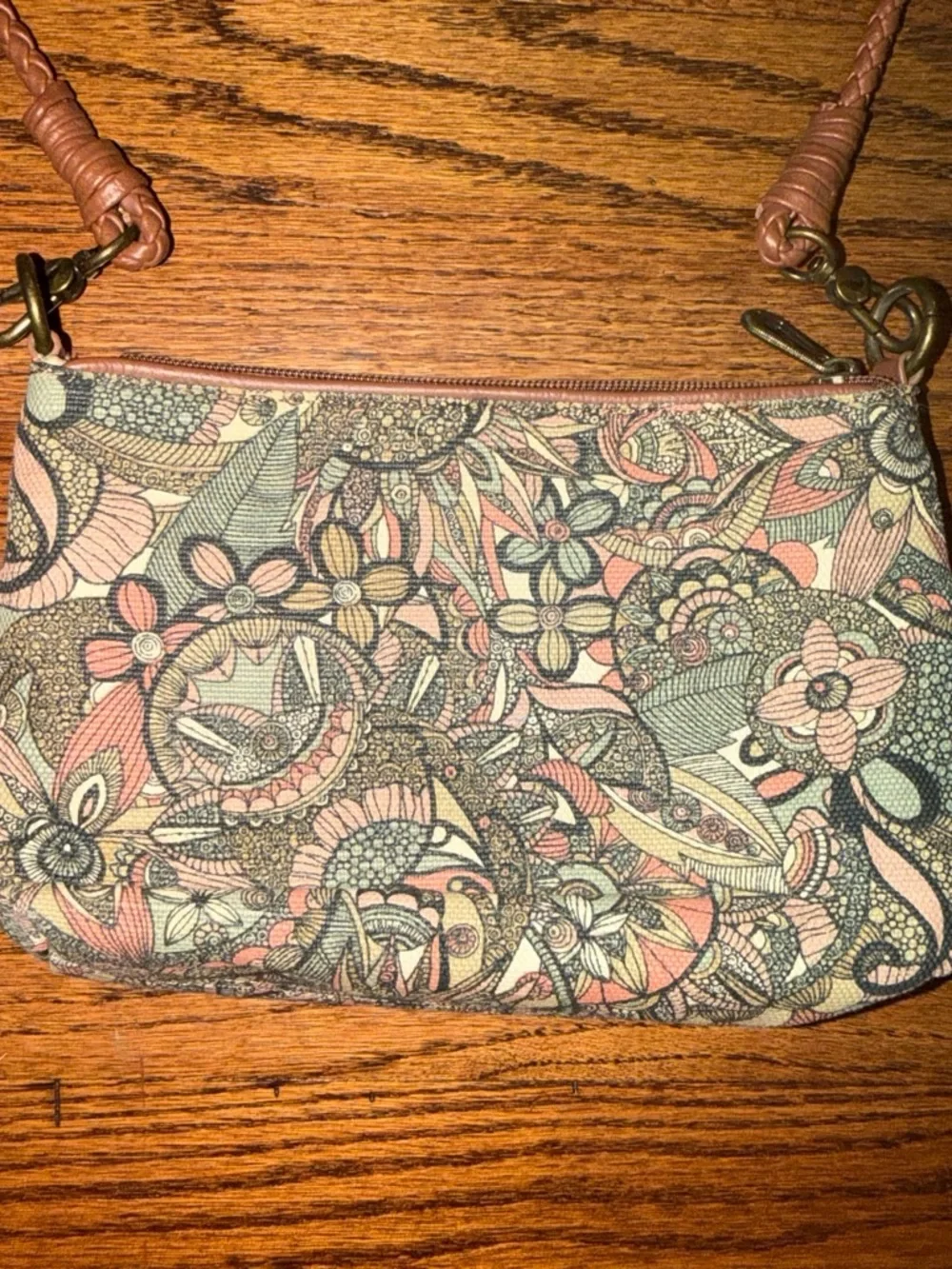 Sakroots Brown Floral Canvas Wristlet with Pink & Cream Accents
